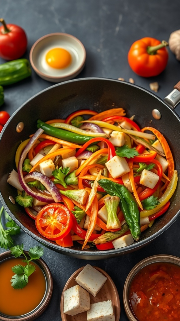 A colorful vegetable stir-fry featuring sliced bell peppers, carrots, broccoli, and tofu in a skillet.