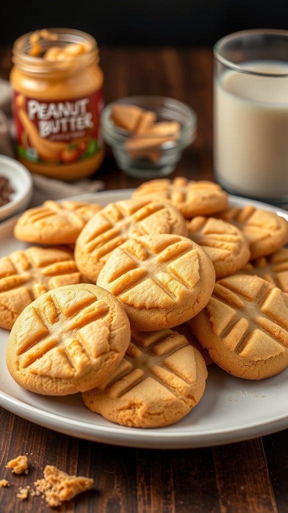Quick and Easy 5-Ingredient Peanut Butter Cookies Freshly baked peanut butter cookies on a plate with a crisscross pattern, a jar of peanut butter and a glass of milk.