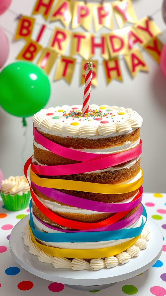 Delicious Birthday Cake with Colorful Ribbons