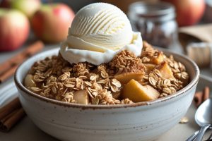 A warm, spiced apple crisp topped with a buttery oat crumble and served with creamy vanilla ice cream. This easy dessert is comforting, delicious, and perfect for any occasion.