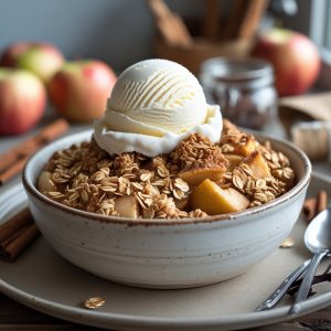 A warm, spiced apple crisp topped with a buttery oat crumble and served with creamy vanilla ice cream. This easy dessert is comforting, delicious, and perfect for any occasion.
