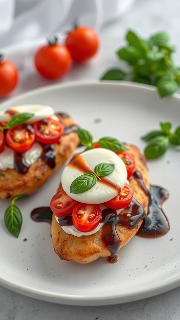 Delicious Caprese Chicken with Balsamic Glaze served on a plate, garnished with cherry tomatoes and basil.
