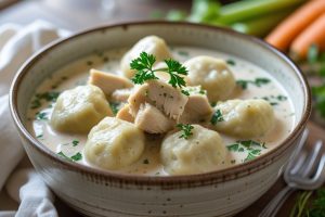 This creamy chicken and dumplings recipe is the ultimate comfort food—rich, hearty, and filled with tender chicken, fluffy dumplings, and a velvety broth. Perfect for cozy dinners!
