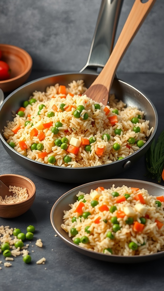 A dish of egg fried rice with peas and carrots, served in a pan.