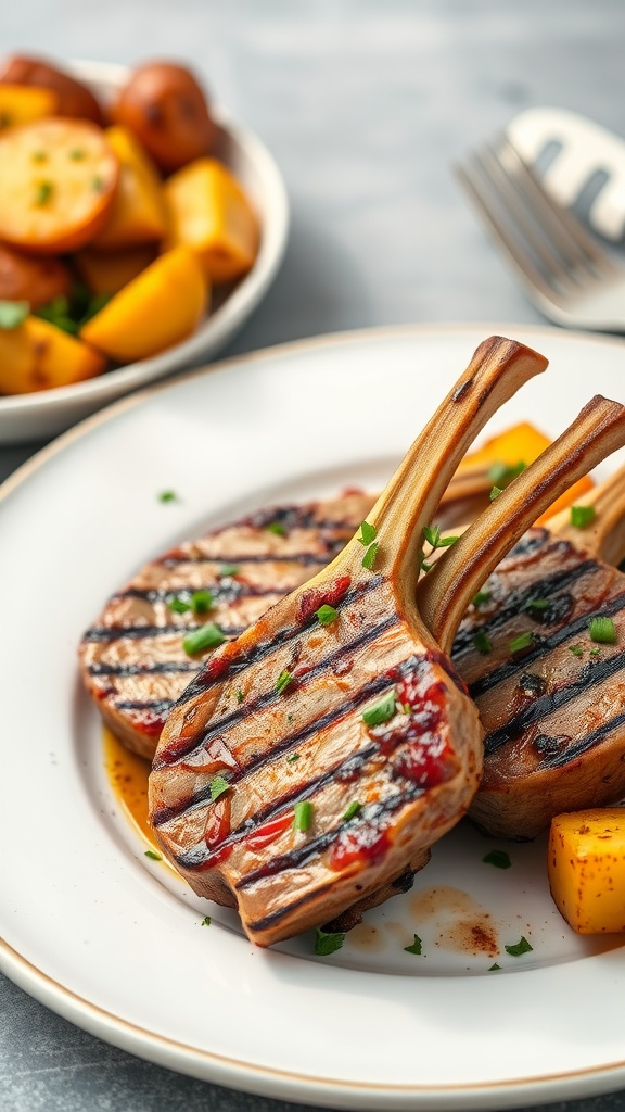 Grilled lamb chops with herbs on a white plate