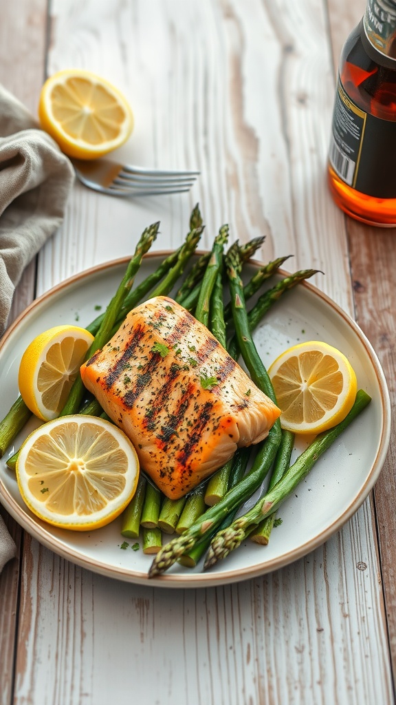 A delicious plate of grilled salmon with asparagus and lemon slices