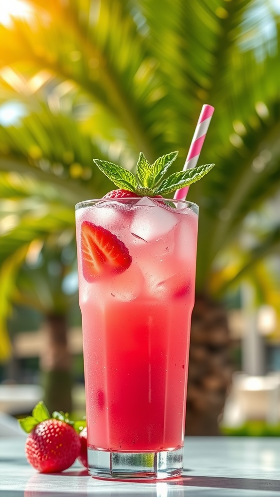 Enhanced Pink Drink with a Twist Recipe A refreshing pink drink with strawberries in a glass, garnished with mint, against a sunny backdrop.