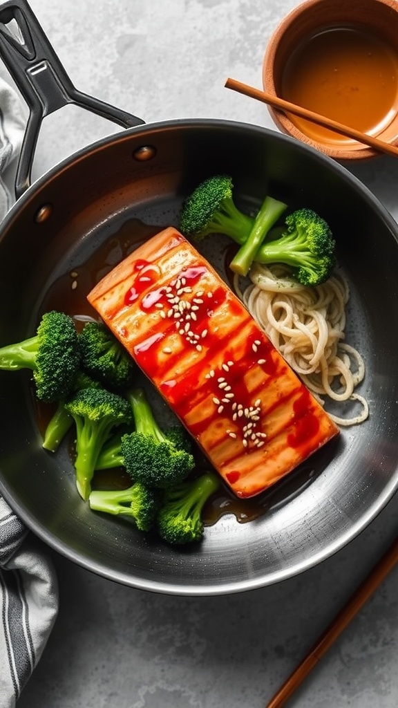 A delicious one-pan meal featuring teriyaki salmon, broccoli, and noodles.