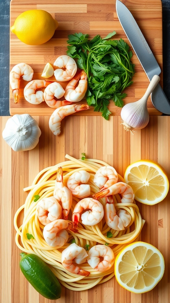 Ingredients for lemon garlic shrimp pasta with shrimp, linguine, garlic, lemon, and parsley on a wooden cutting board.