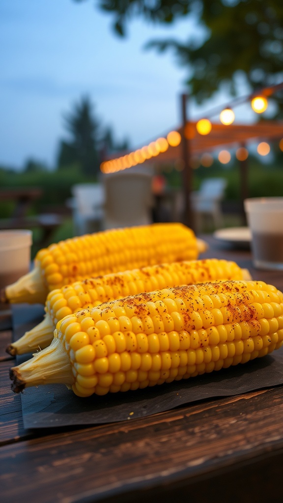 Smoky grilled corn on the cob on a wooden table outdoors