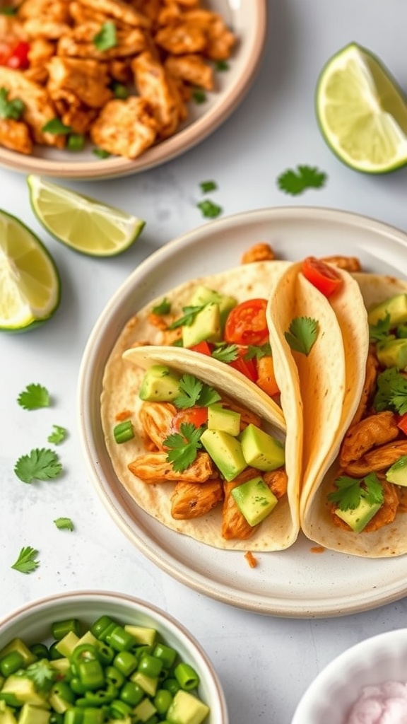 Spicy chicken tacos with avocado salsa on a plate, garnished with lime slices.