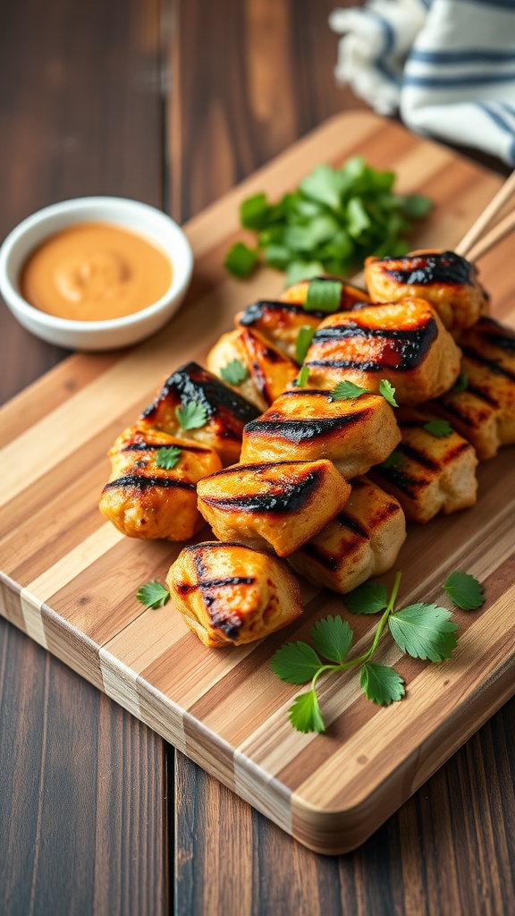 Spicy grilled chicken skewers arranged on a wooden platter with a bowl of dipping sauce