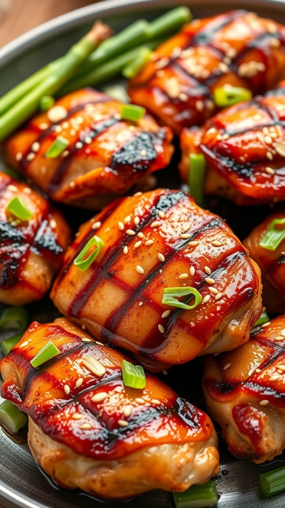 Teriyaki grilled chicken thighs garnished with green onions and sesame seeds.