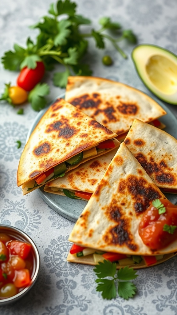 A plate of crispy vegetarian quesadillas filled with peppers and cheese, garnished with fresh cilantro and served with salsa.