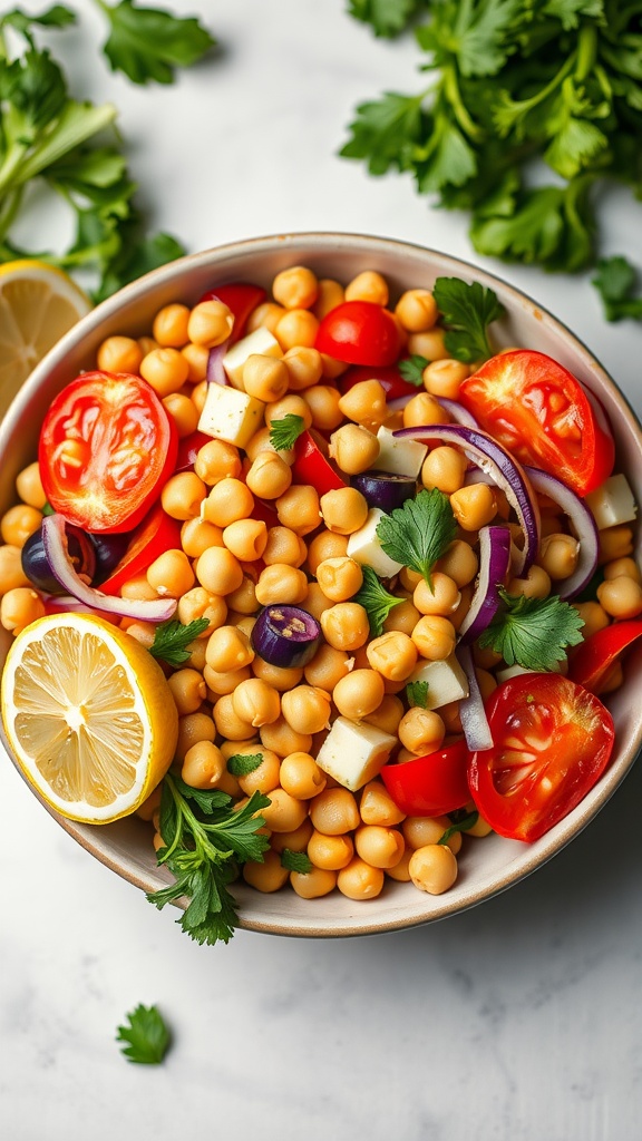 A vibrant chickpea salad with vegetables and lemon dressing in a bowl.