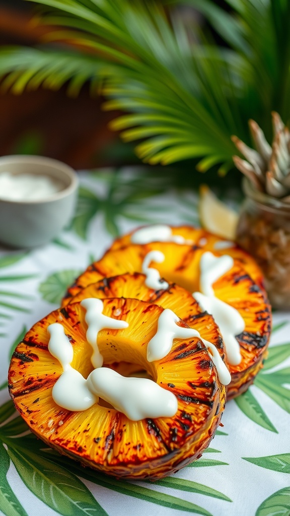 Grilled pineapple rings with coconut cream drizzle