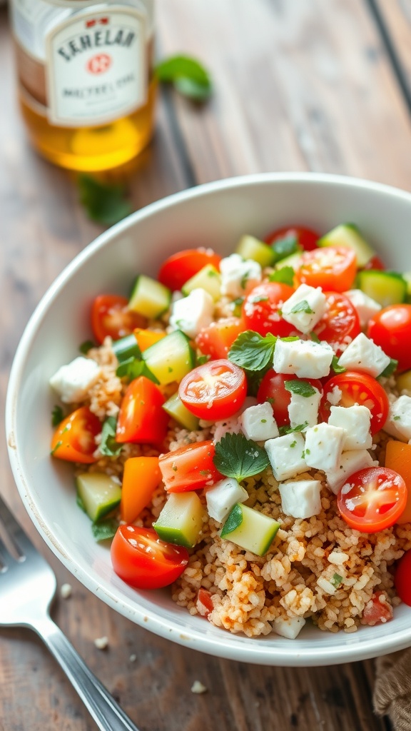 Build Your Own Mediterranean Bowl Recipe A colorful Mediterranean bowl with quinoa, cherry tomatoes, cucumbers, bell peppers, feta cheese, and parsley on a wooden table.