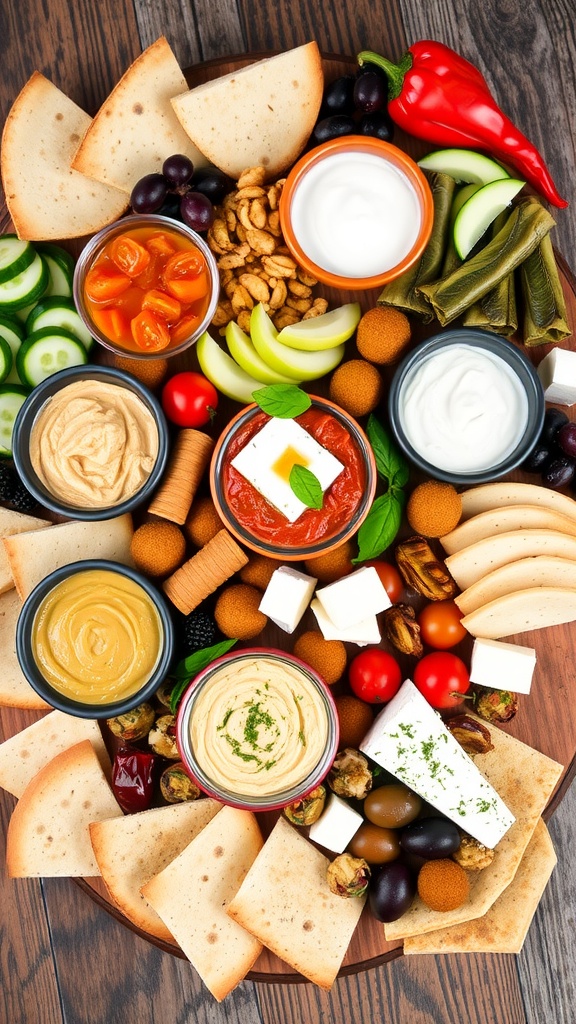 Mediterranean Mezze Charcuterie Board A vibrant Mediterranean mezze charcuterie board with dips, breads, vegetables, and cheeses.