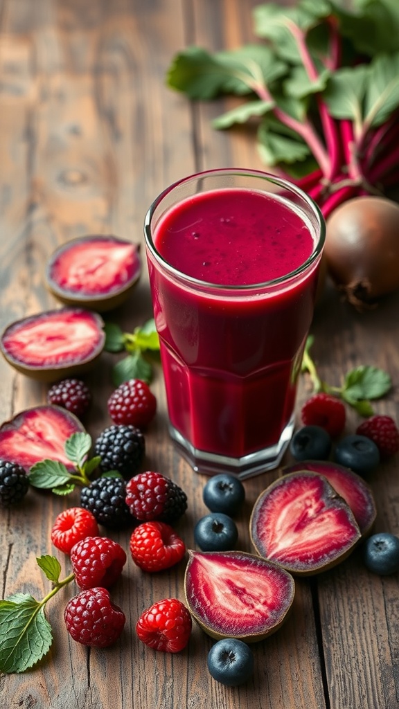 A vibrant Berry Beet Blast Smoothie surrounded by fresh berries and beets on a wooden table.