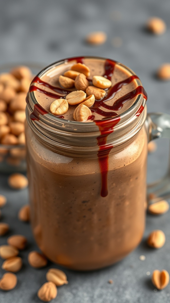 A delicious chocolate peanut butter protein smoothie topped with peanuts and chocolate drizzle.