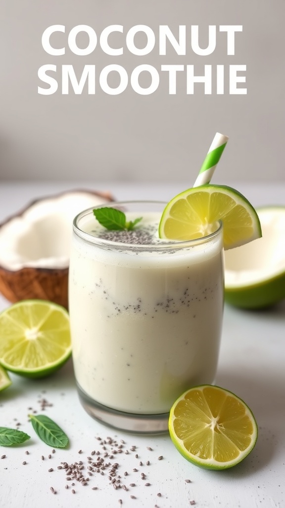 A refreshing coconut lime chia smoothie in a glass with lime slices and chia seeds.