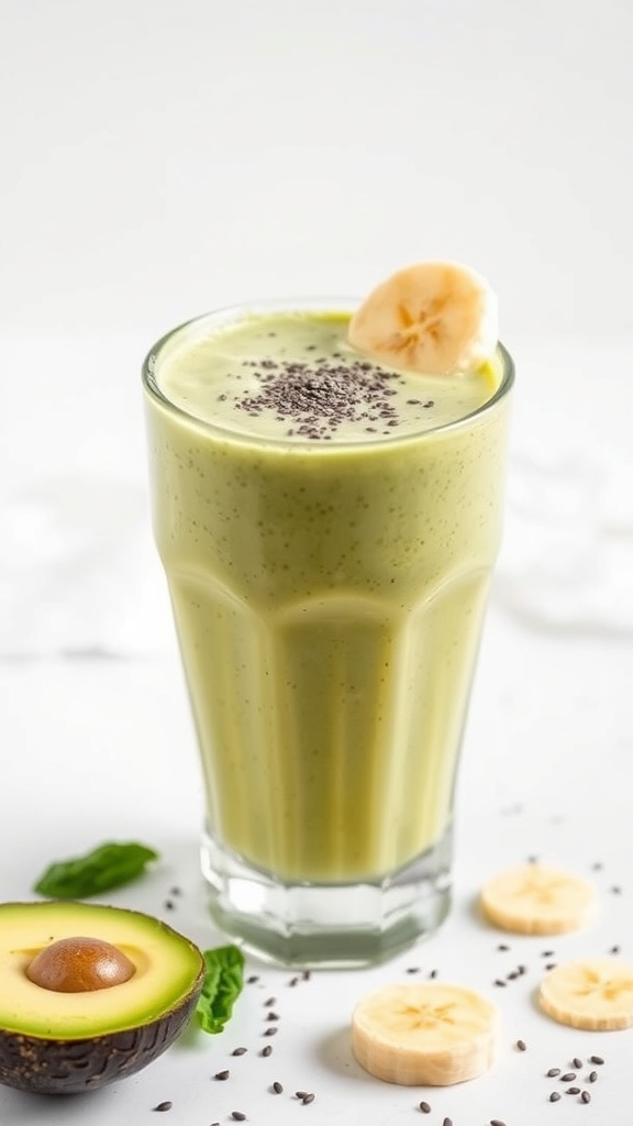A creamy avocado and banana smoothie in a glass, garnished with banana slices and chia seeds.