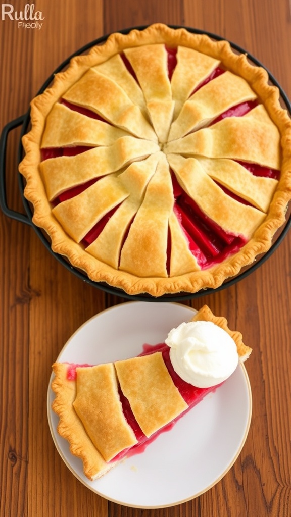 Classic Rhubarb Pie Recipe A golden-brown rhubarb pie with a slice served on a plate, topped with vanilla ice cream.