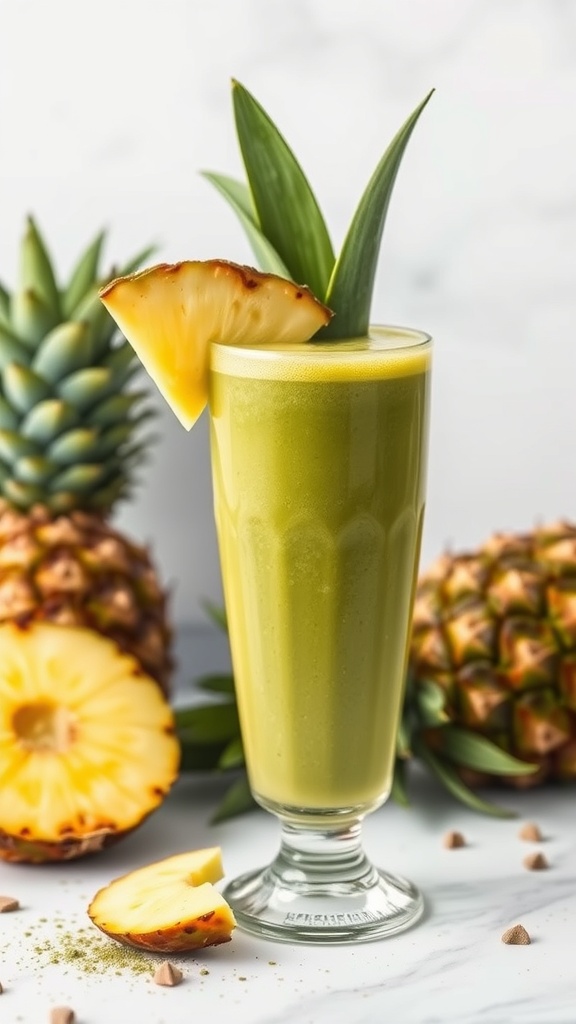 A vibrant green smoothie in a glass, garnished with a pineapple slice and surrounded by fresh pineapples.