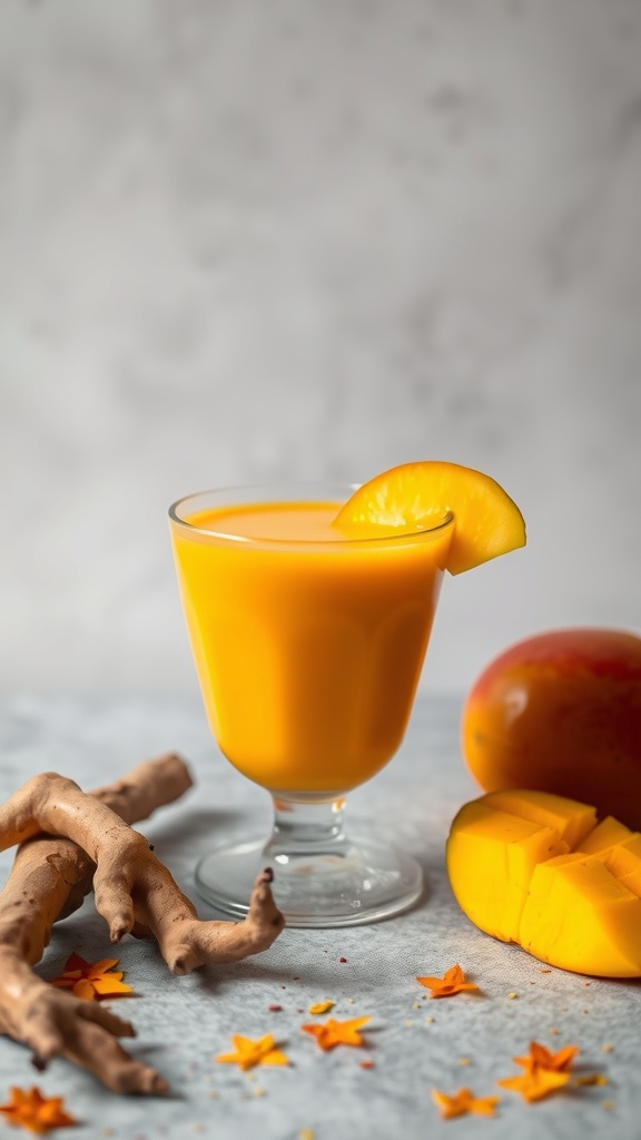 A glass of Spicy Mango Turmeric Smoothie with mango slices and turmeric root beside it.