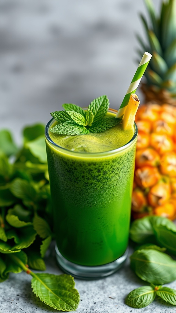 A vibrant green smoothie with a straw, garnished with mint leaves, next to fresh pineapple and leafy greens.